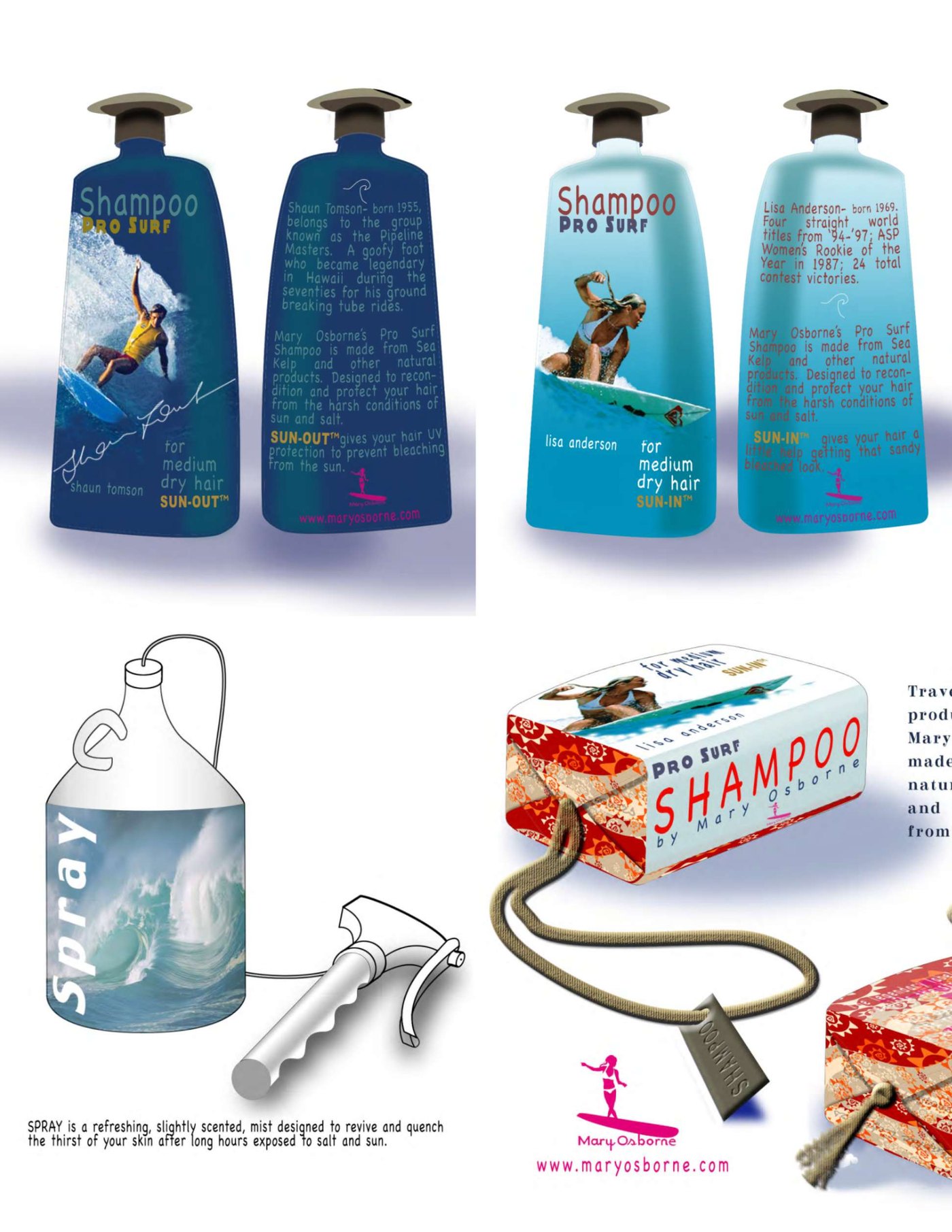 SURFLINE concept — shampoo, spray and soap with celebrity surfer labels